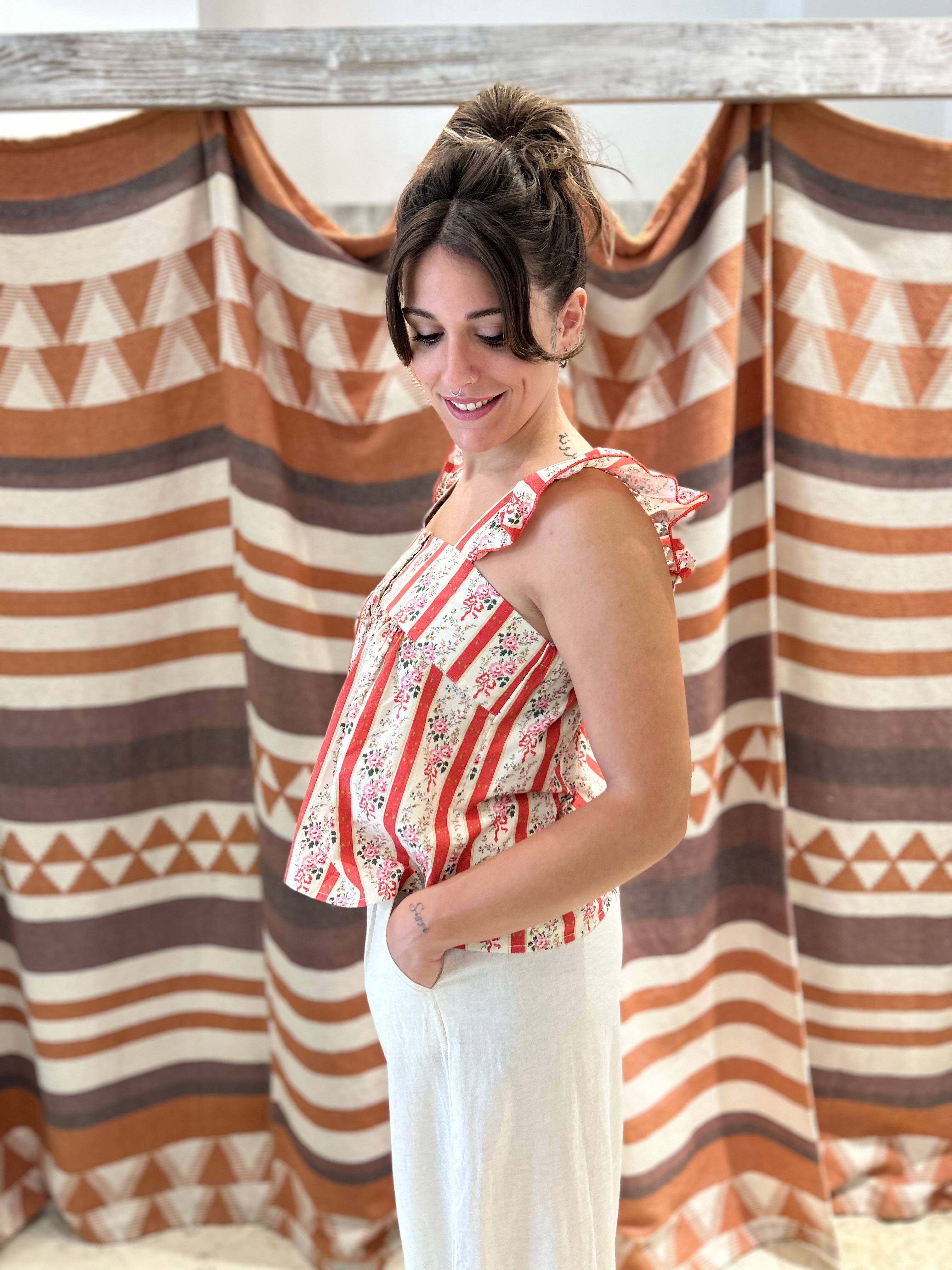 Top/camicia INAPRIL1986 righe/fiori rosso/beige